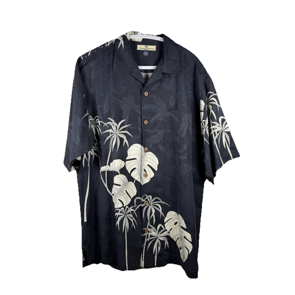 Mens M Tommy Bahama 100% Silk Shirt Short Sleeve Hawaiian Black Ivory Resortcore